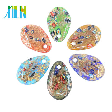 MC0100 Hot Sale Millefiori Flat Round Fused Lampwork Gold Sand Multi-Color Glass Pendants 12pcs/box, MC0100